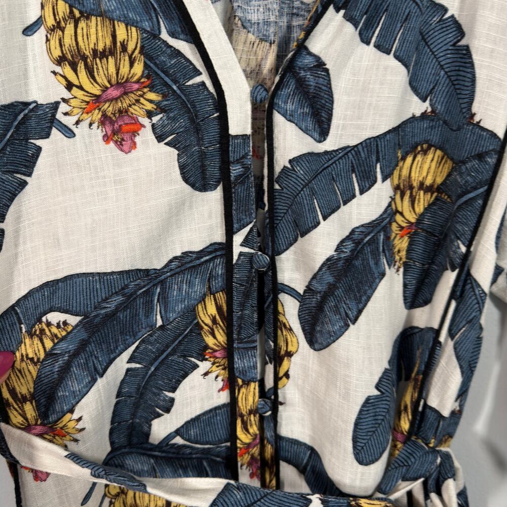 Desmond & Dempsey Linen-Blend Tropical Banana Leaf Midi Kaftan Dress S Resort - Picture 7 of 10